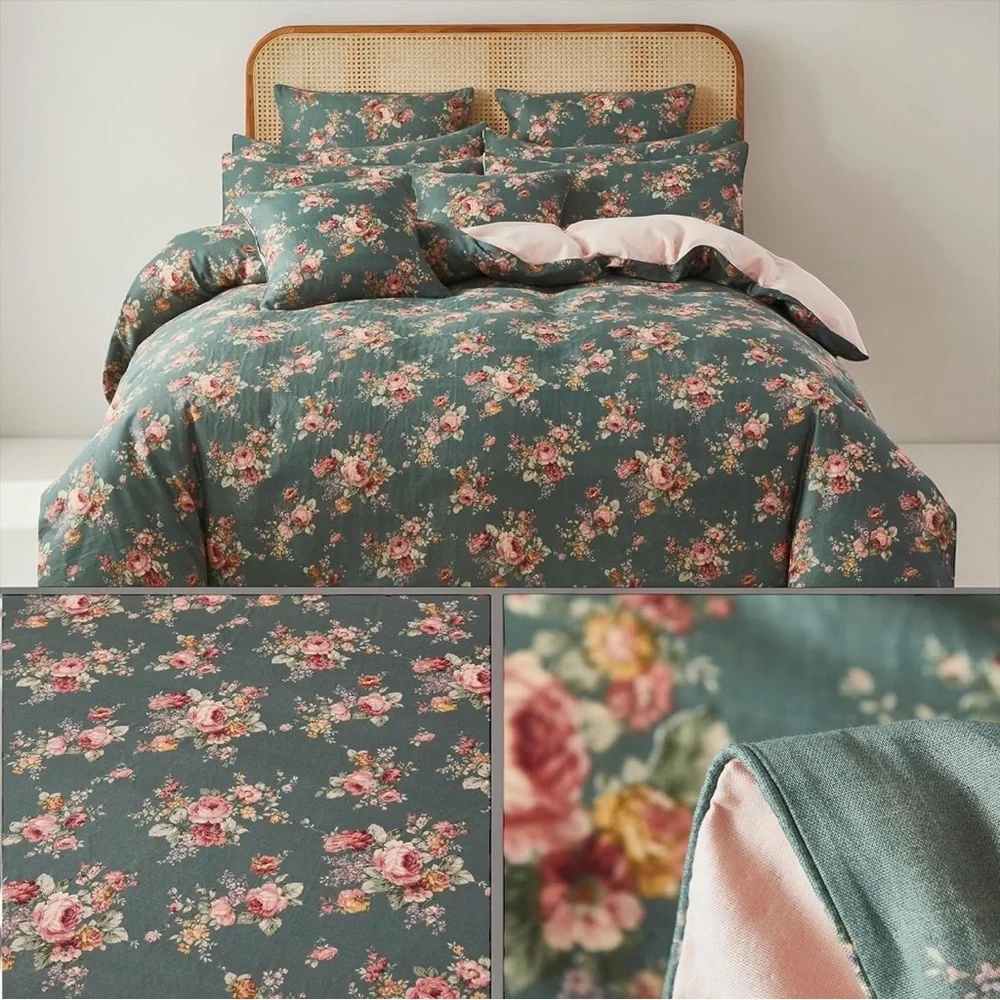 NEW Anthro Green & Pink Floral Muslin Cotton Boho Queen / King Bedding Duvet Set
